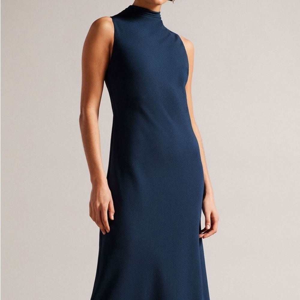 Ted Baker Blue Midi Dress Slip Mock Neck Sleeveless Eleanor Wedding Guest Size 2 View 3